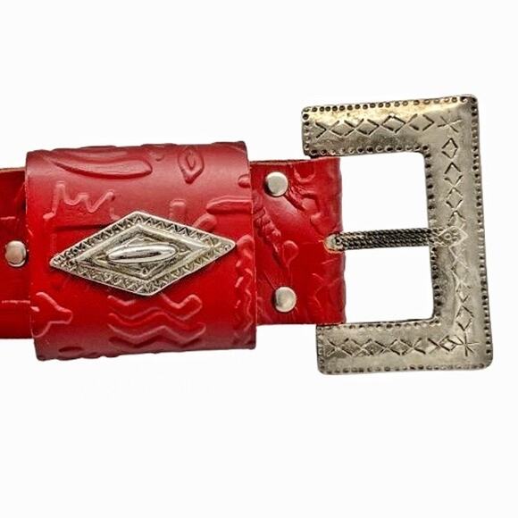 Vintage French Red Tooled Leather Belt w/ Sculptural Silver Buckle & Keeper 80s - Picture 2 of 14